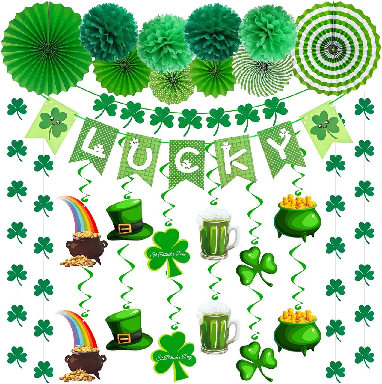 St. Patrick’s Party Supplies: 41-Piece St. Patrick’s Day Decorations Set – Pre-Assembled Banners, Shamrock Garlands & Hanging Swirls for Home, Office & Classroom